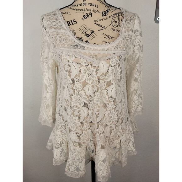 Free People SZ S Lace Sheer Top 3/4 Sleeve Ruffled Crochet White Oversize Boxy - Picture 1 of 9
